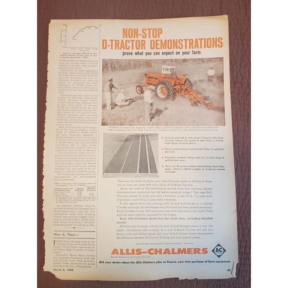 1960 Allis Chalmers Magazine Ad Model D-17 Tractor Plowing Demonstration - Picture 1 of 1